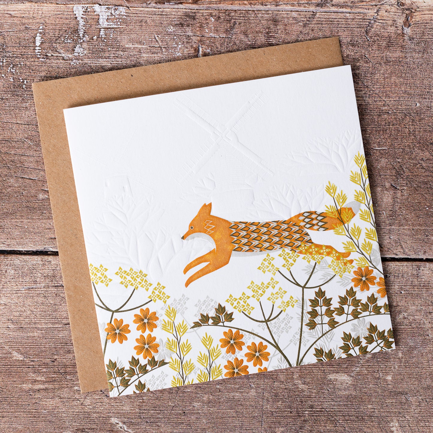 This high quality, linocut printed, Fox card has been handcrafted by the talented Ashley Hutchinson in his rural West Sussex garden studio. This design features a fox on an embossed card background.