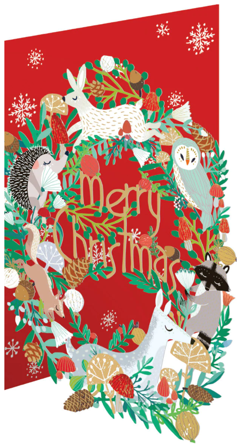 Frosty Forest Animal Wreath (Red) Lasercut Christmas Card by Antoana Oreski GCX1032