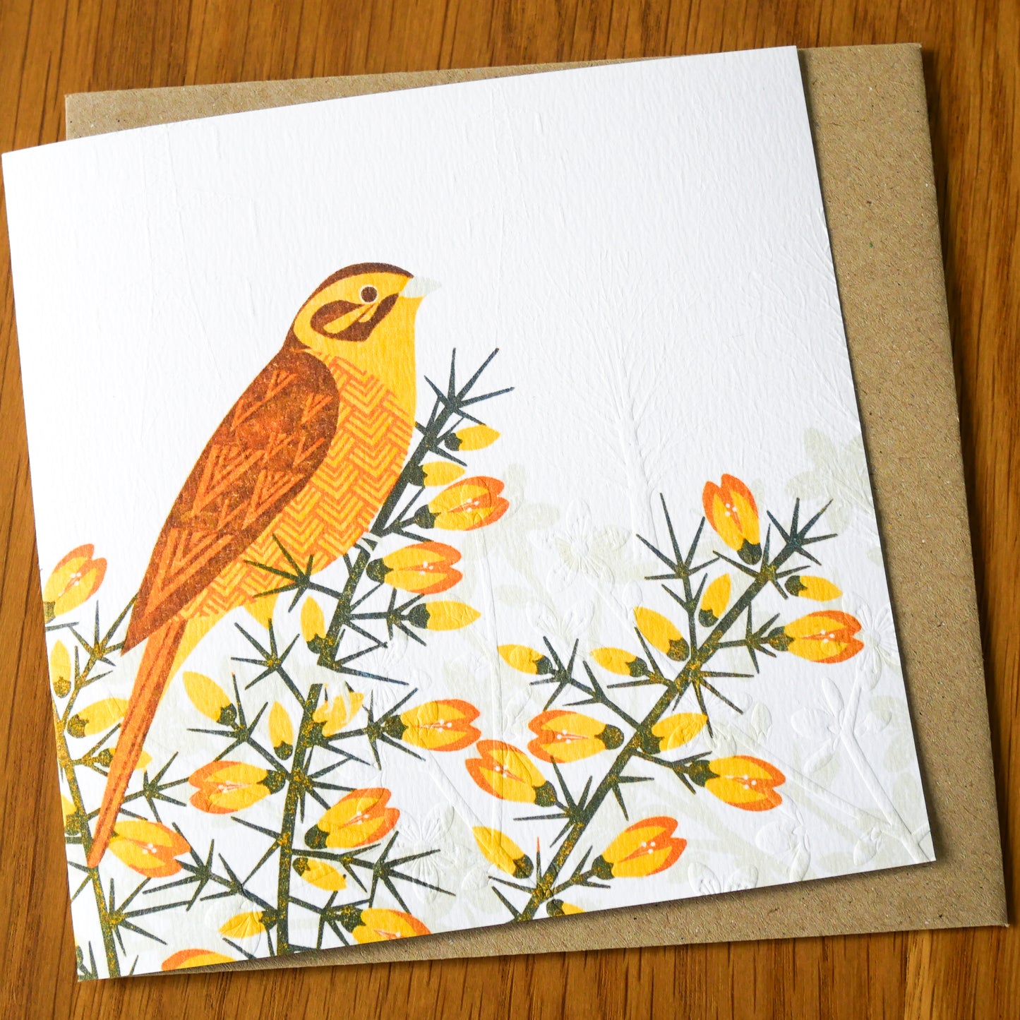 This high quality, linocut printed, Yellow Hammer card has been handcrafted by the talented Ashley Hutchinson in his rural West Sussex garden studio. This design features a Yellow Hammer amongst gorse on an embossed card background.