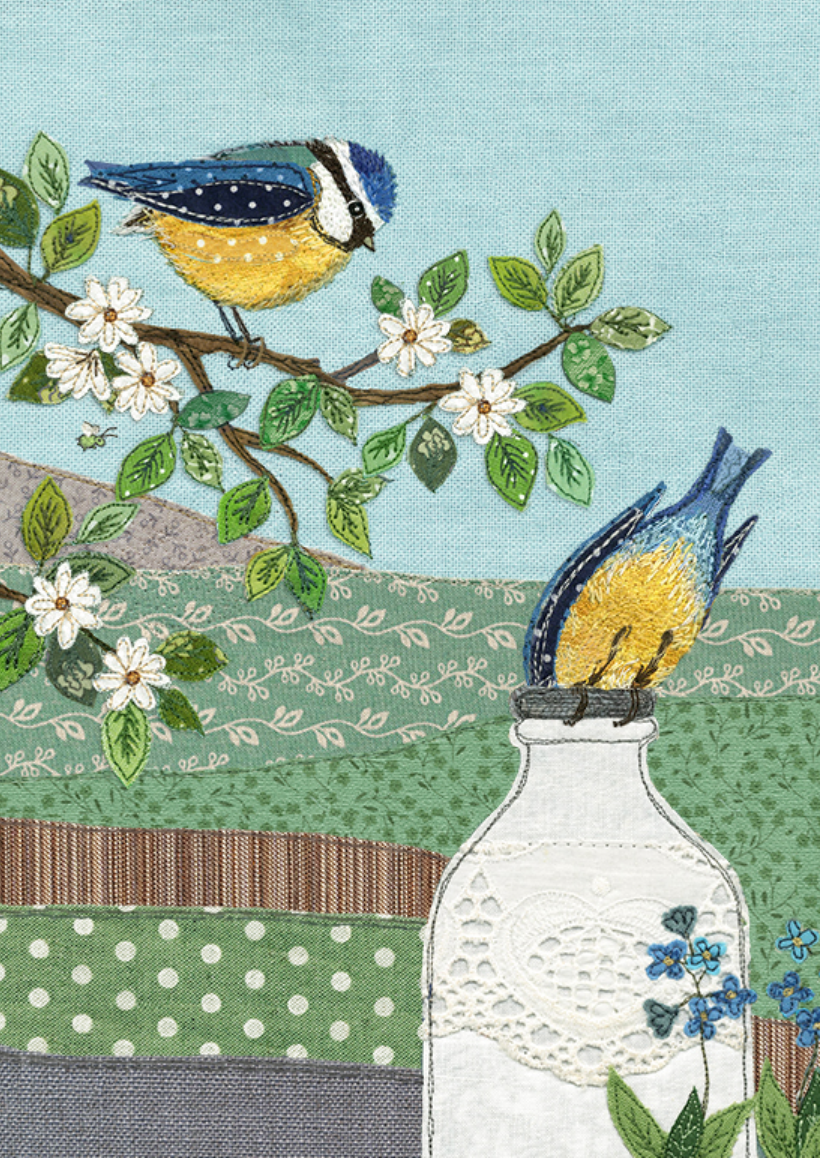 Milk Bottle Blue Tits by Dear Emma Designs J001