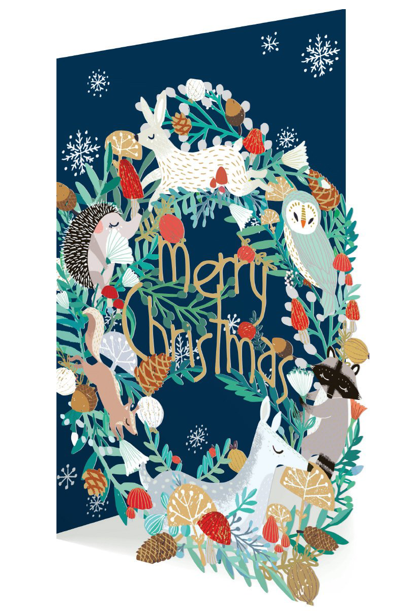 Frosty Forest Animal Wreath (Blue) Lasercut Christmas Card by Antoana Oreski GCX951
