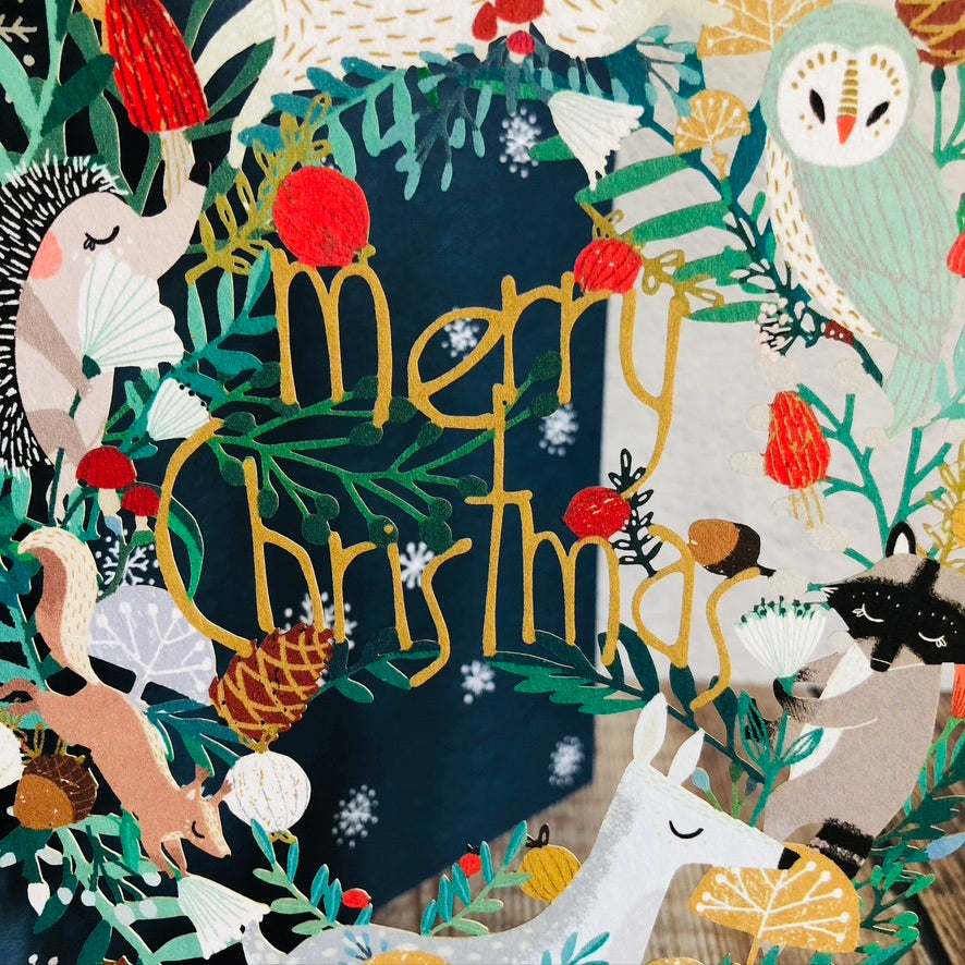 Frosty Forest Animal Wreath (Blue) Lasercut Christmas Card by Antoana Oreski GCX951