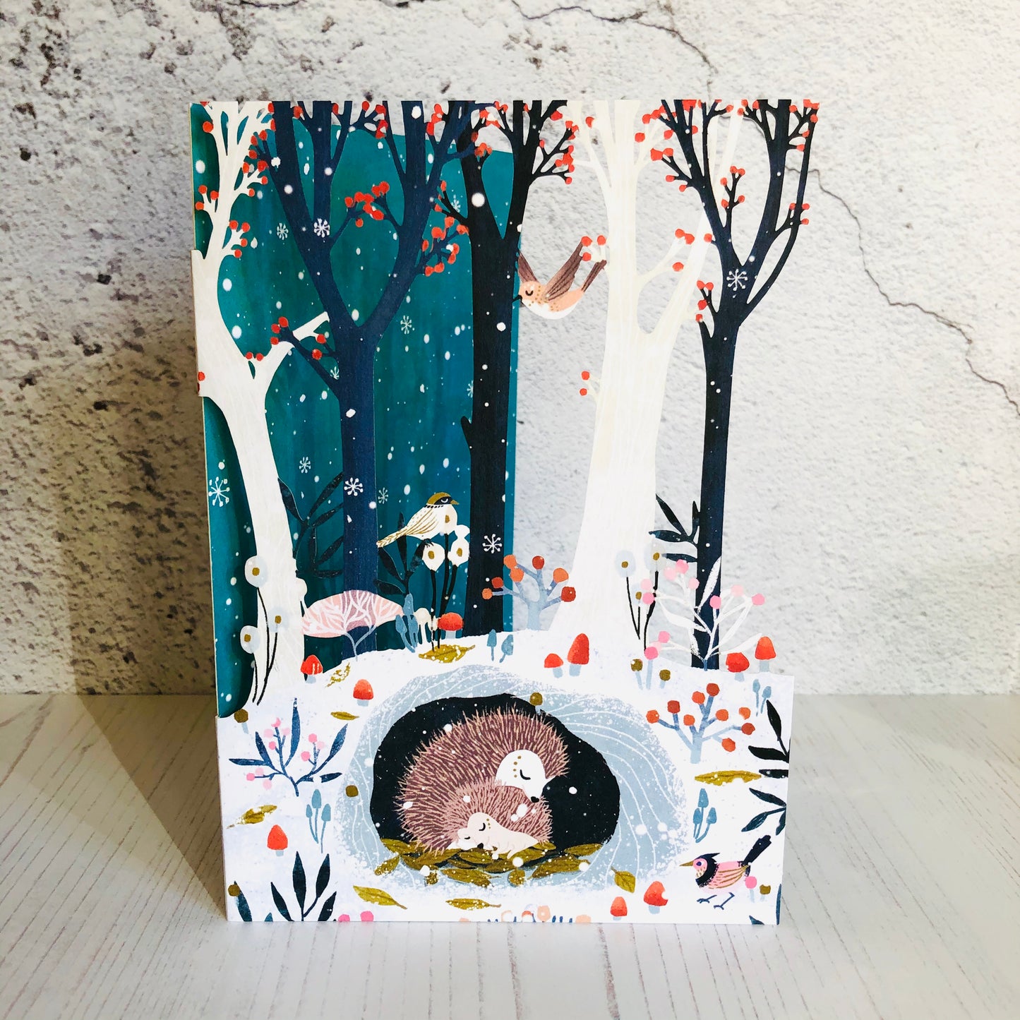 Frosty Forest Sleeping Hedgehogs (Teal) Lasercut Christmas Card by Antoana Oreski GCX952
