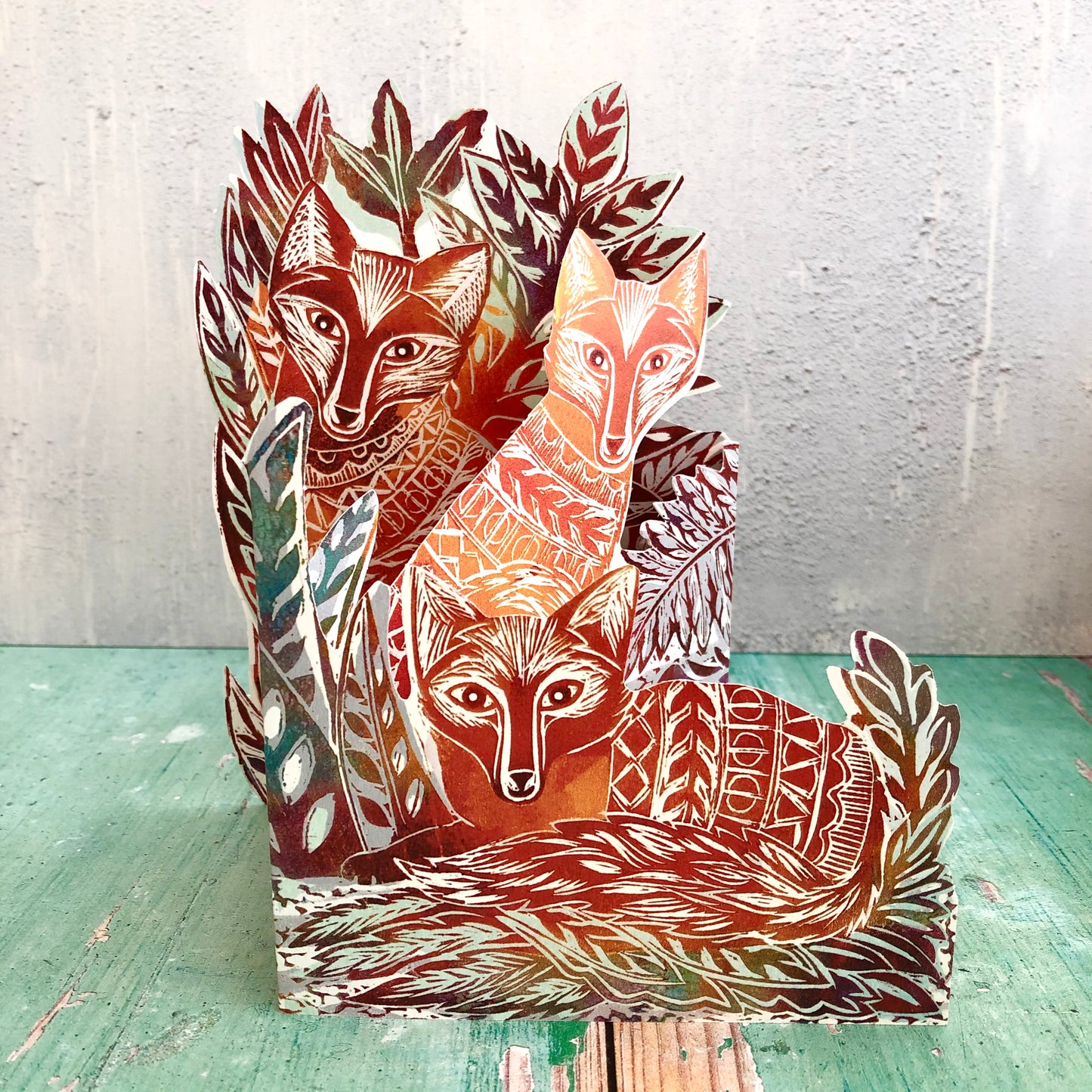 3D Three Foxes by Printmaker Judy Lumley