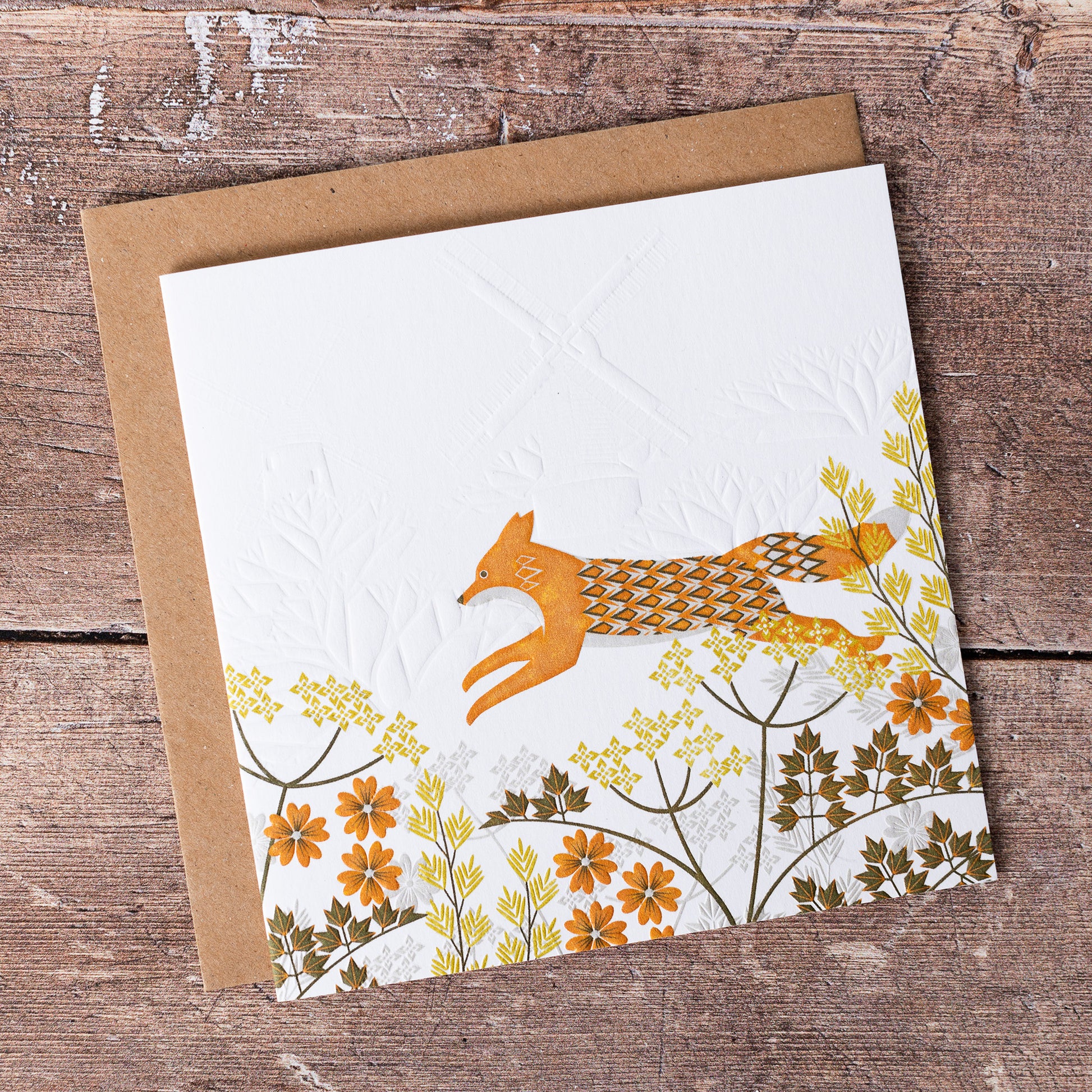 This high quality, linocut printed, Fox card has been handcrafted by the talented Ashley Hutchinson in his rural West Sussex garden studio.   This design features a fox on an embossed card background.

