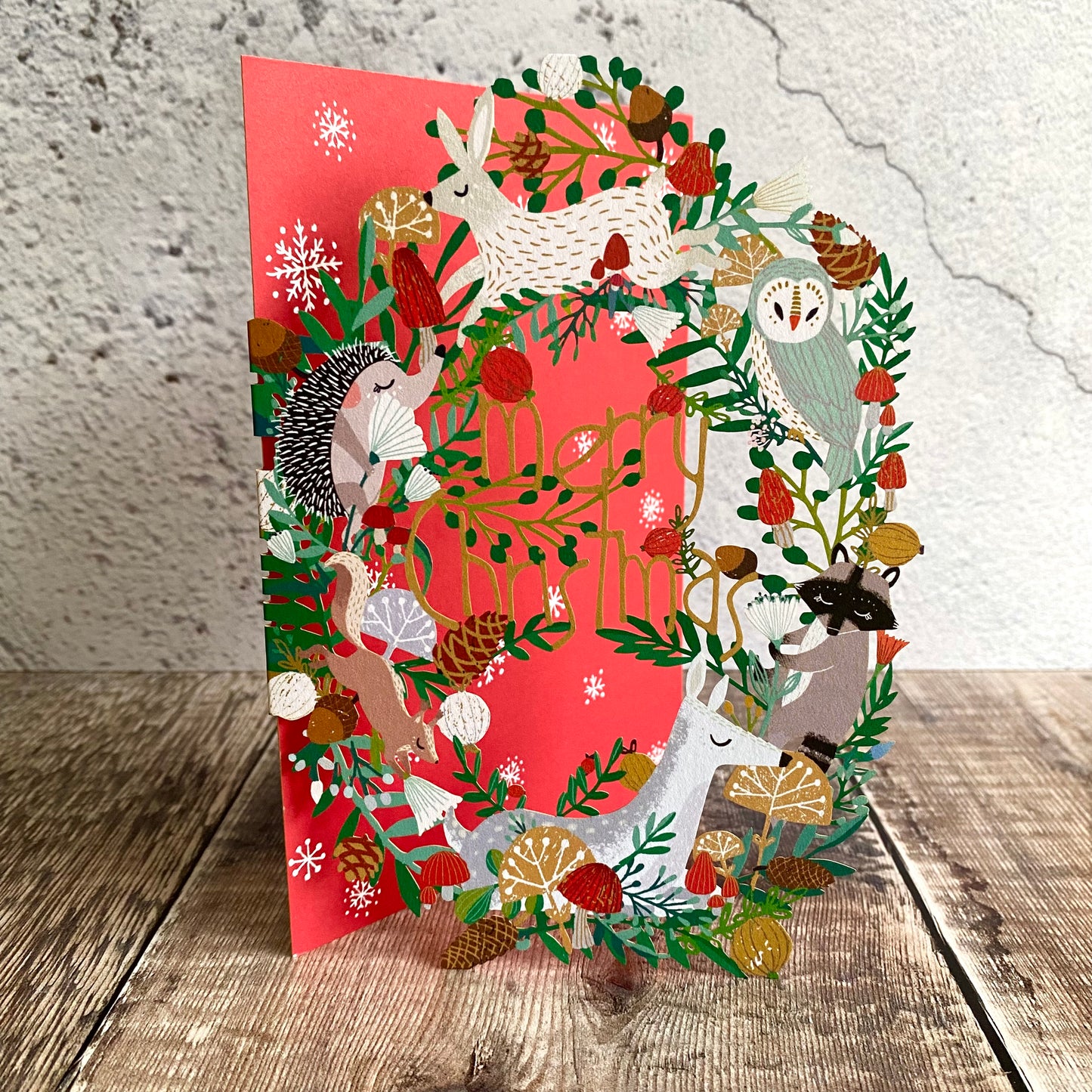 Frosty Forest Animal Wreath (Red) Lasercut Christmas Card by Antoana Oreski GCX1032