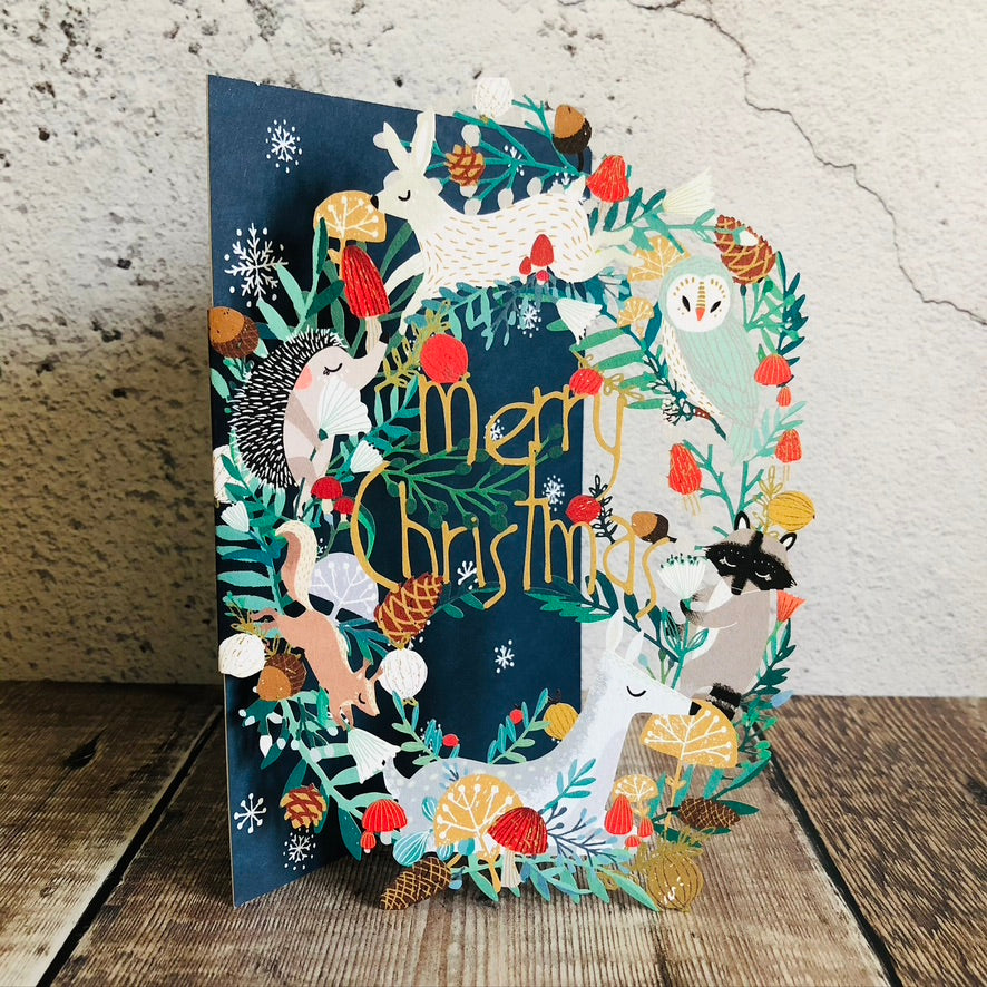 Frosty Forest Animal Wreath (Blue) Lasercut Christmas Card by Antoana Oreski GCX951