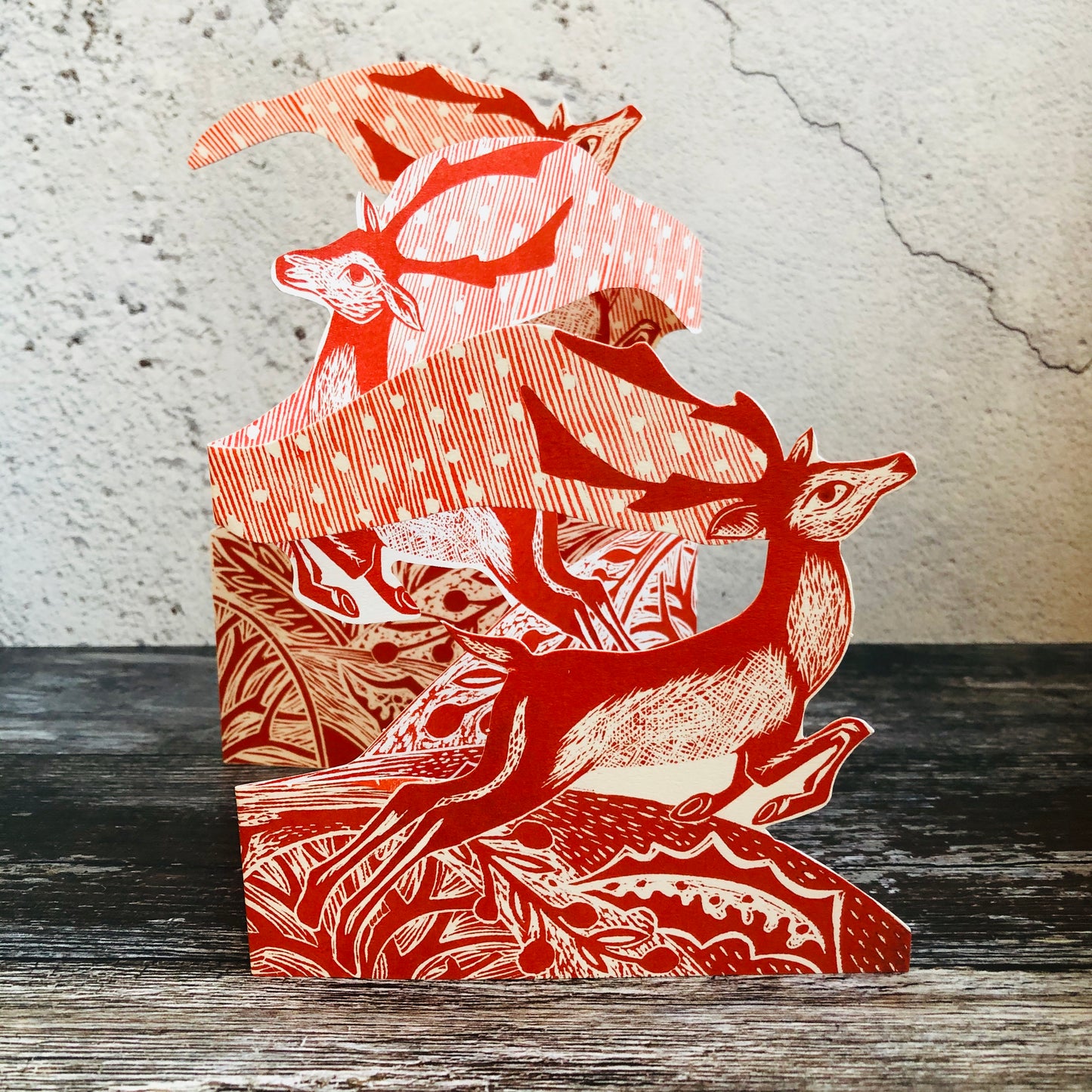 3D Prancing Reindeer Tri-fold by Printmaker Judy Lumley