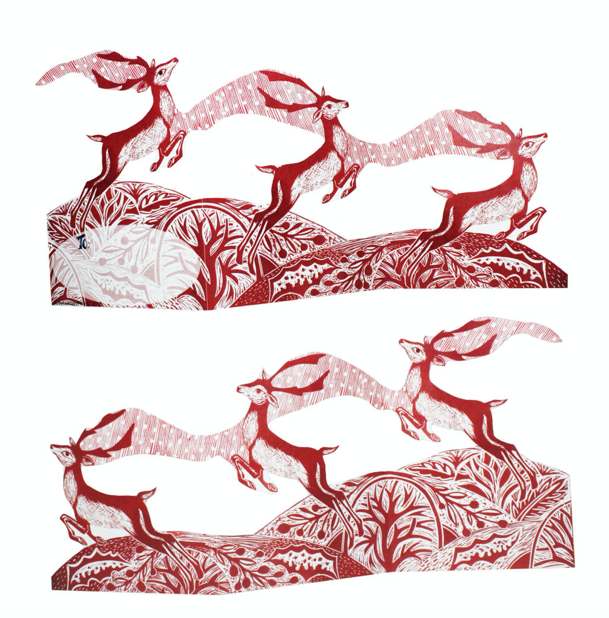 3D Prancing Reindeer Tri-fold by Printmaker Judy Lumley